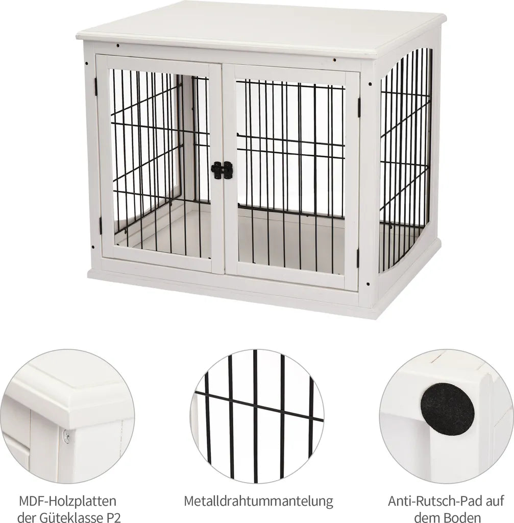  PawHut Hundehütte Hundehaus Transportbox Mit Tischoberfläche Kleintierkäfig Für Innen Hundebox Tierkäfig Haustier MDF Metall Weiß 81 X 58,5 X 66 Cm