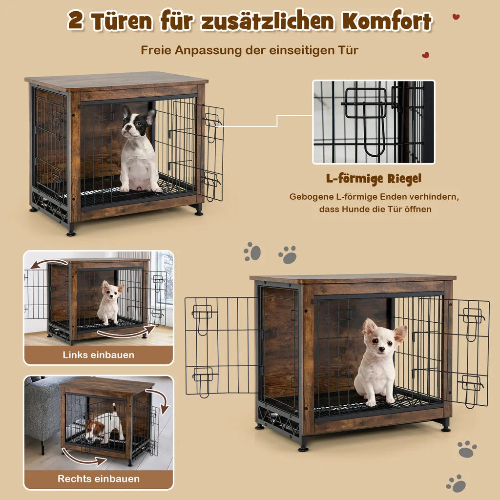  COSTWAY Hundekäfig Mit Doppeltüren, Hundebox 69x47x61cm Inkl. Herausnehmbares Tablett & Gittertüren, Haustierkäfig, Beistelltisch, Braun