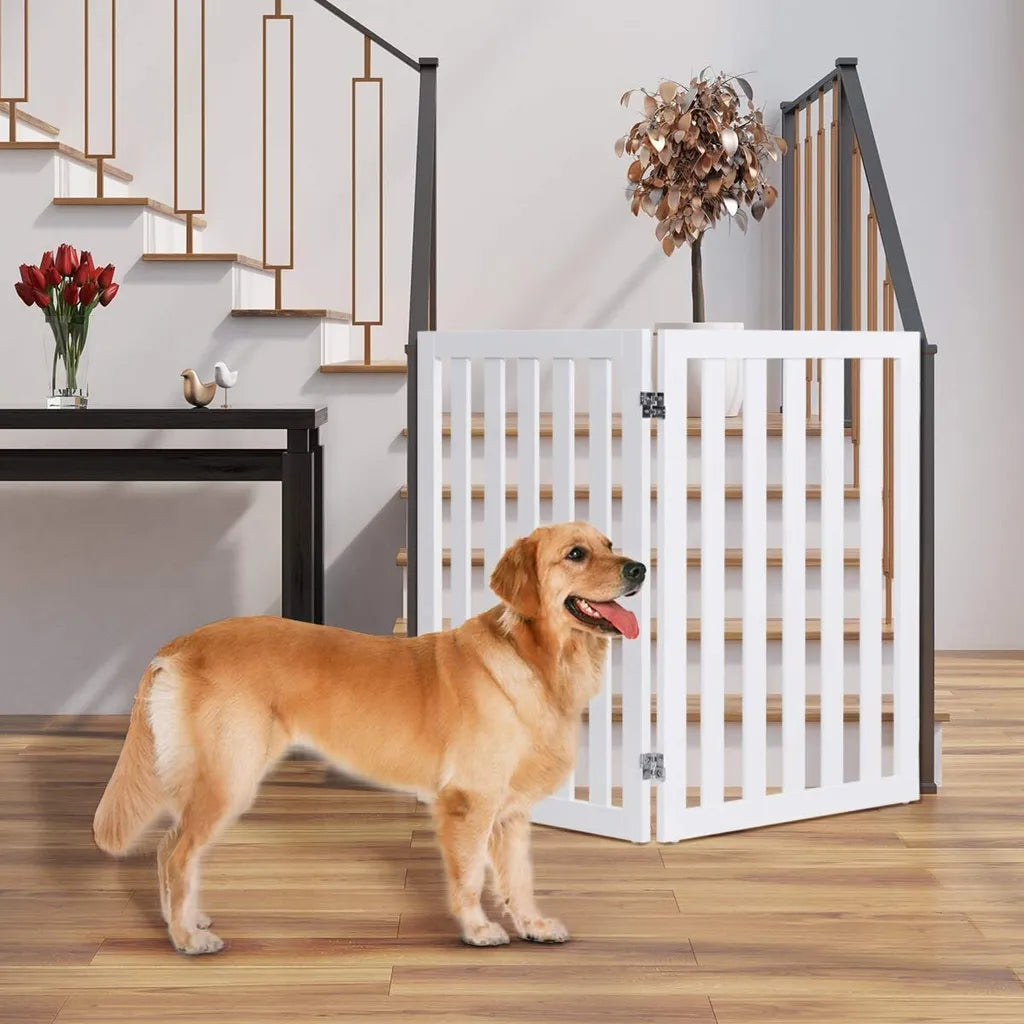 COSTWAY Absperrgitter Hunde 89cm Hoch, Schutzgitter Holz Klappbar, Treppengitter Hundeabsperrgitter Flexibel Türschutzgitter (Weiß-Verlängerung)