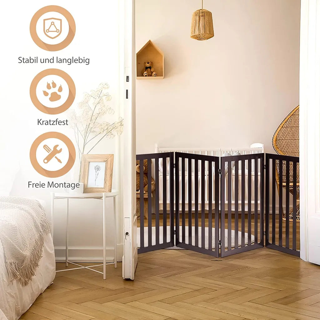  COSTWAY Absperrgitter Hunde 89cm Hoch, 4 Paneelen Schutzgitter Holz Klappbar, Treppengitter Hundeabsperrgitter Flexibel Türschutzgitter (Braun)