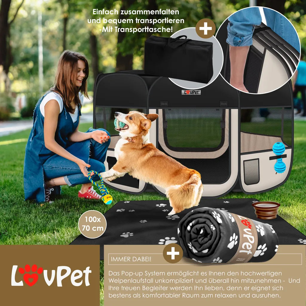  LOVPET® Welpenlaufstall Tierlaufstall Faltbar Für Kleintiere Hunde, Katzen Inkl. Hundenapf Hundelaufstall Freigehege Oxfordgewebe Pop-up System Indoor & Outdoor, Farbe:Schwarz / Beige