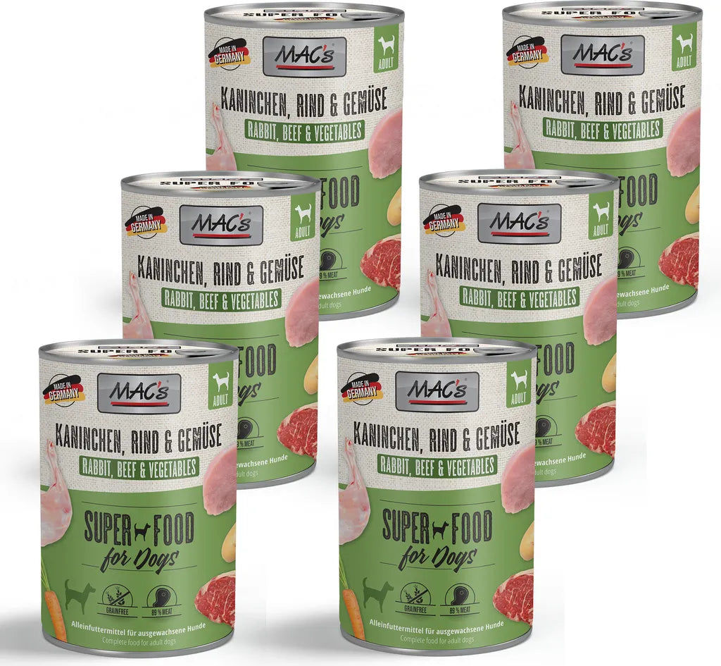  MAC's Dog Hundefutter Kaninchen, Rind & Gemüse Nassfutter Dosen 6x400g Getreidefrei