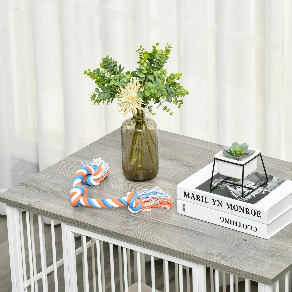  PawHut Hundekäfig Aus Holz Mit Kissen Tischoberfläche Erhöhtes Design Hundebox Für Mittelgroße Hunde Innen Zuhause Tierkäfig Haustier Weiß+Grau 86 X 60 X 70 Cm