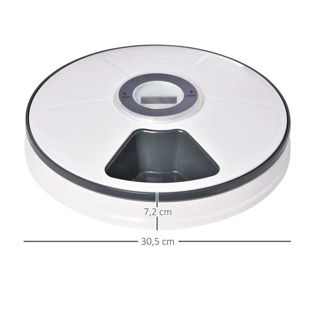  PawHut Futterautomat Mit 6 Fächern Für Katzen Hunde Haustiere Automatisch 4 Mahlzeiten Programmierbarer Futterspender Mit LED-Display Timer Weiß+Grau Ø30,5 X 7,2H Cm