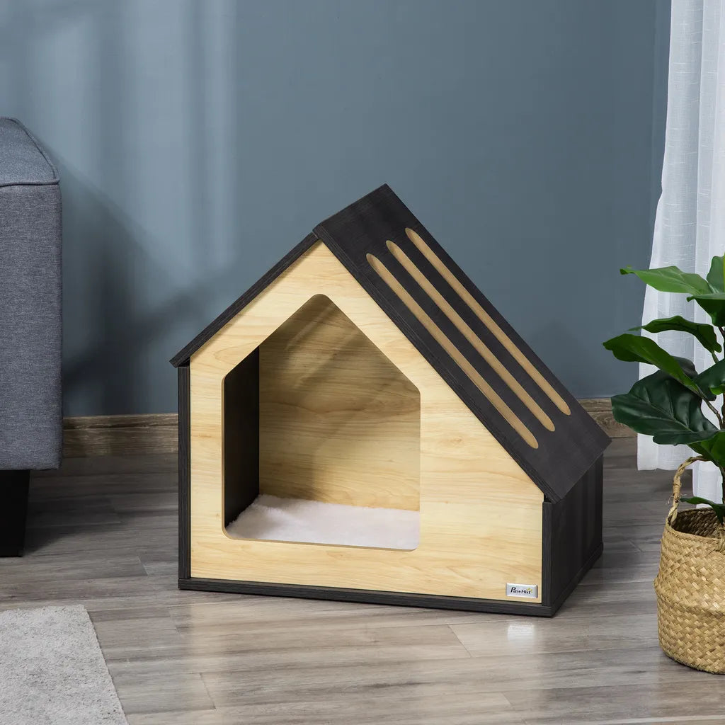  Pawhut Hundehütte Aus Holz Indoor Katzenhöhle Katzenhaus Hundeschlafplatz Mit Kissen Hundehaus Hundehöhle Mit Schrägem Dach Für Kleine Hunde Bis 8 Kg 60 X 40 X 59,2 Cm