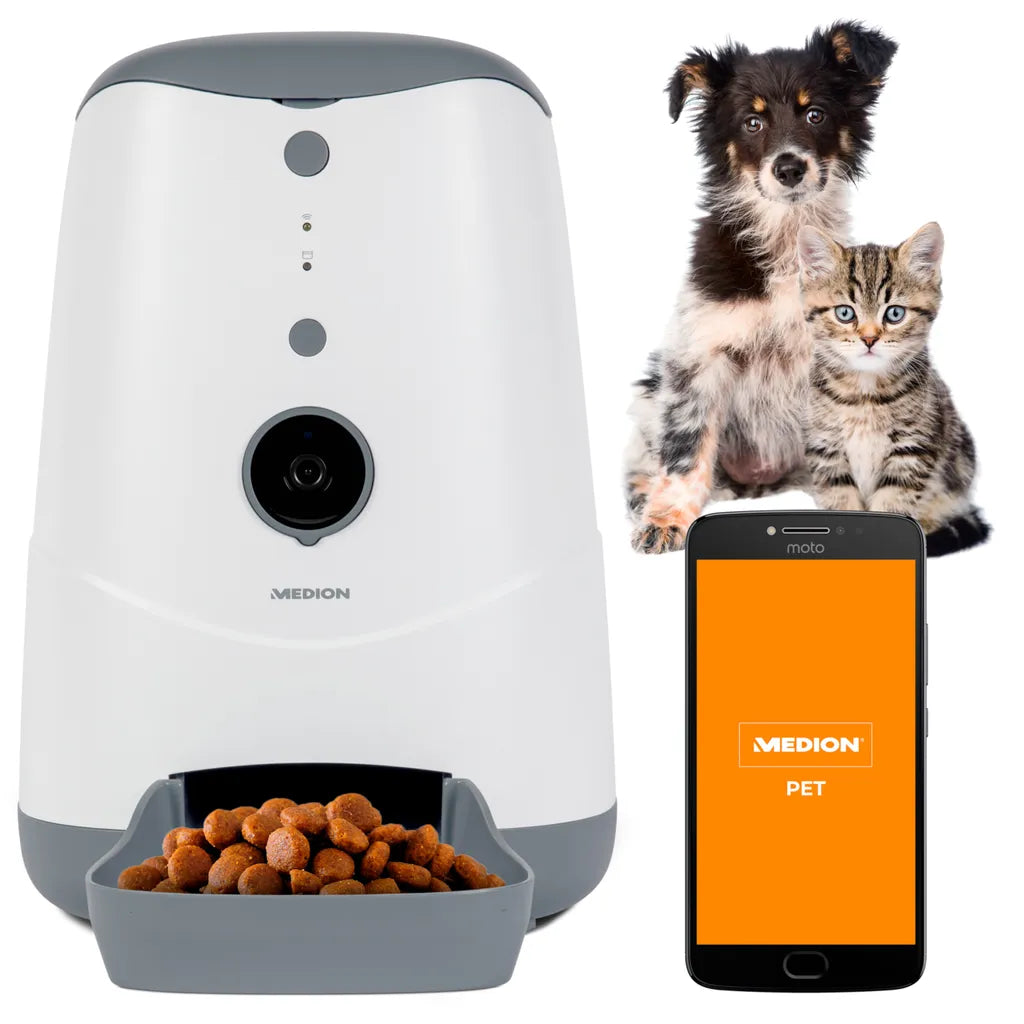  MEDION Smarter Futterautomat (Futterspender Für Hunde Und Katzen, Trockenfutter, Fütterungszeiten, Portionenanzahl, Steuerung Per App, HD-Video Kamera, MD60228)