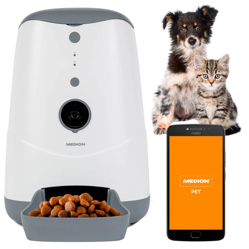  MEDION Smarter Futterautomat (Futterspender Für Hunde Und Katzen, Trockenfutter, Fütterungszeiten, Portionenanzahl, Steuerung Per App, HD-Video Kamera, MD60228)