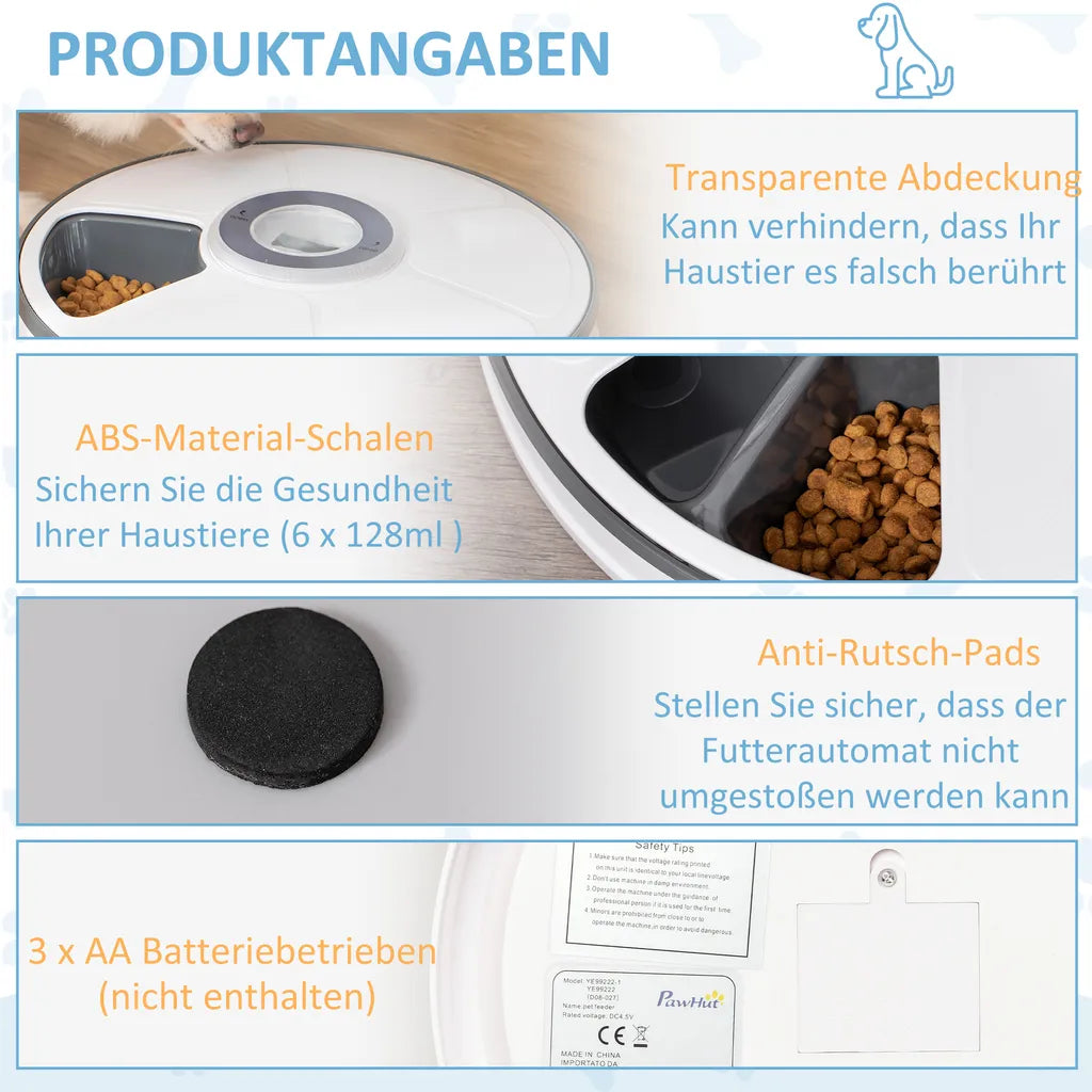  PawHut Futterautomat Mit 6 Fächern Für Katzen Hunde Haustiere Automatisch 4 Mahlzeiten Programmierbarer Futterspender Mit LED-Display Timer Weiß+Grau Ø30,5 X 7,2H Cm