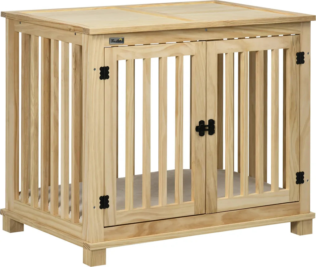  Pawhut Hundekäfig, Tierkäfig Aus Holz, Haustierkäfig Für Mittelgroße Hunde, Hundehütte Mit Kissen, Hundebox, Indoor, Naturholz+Cremeweiß, 82,5 X 57 X 72 Cm