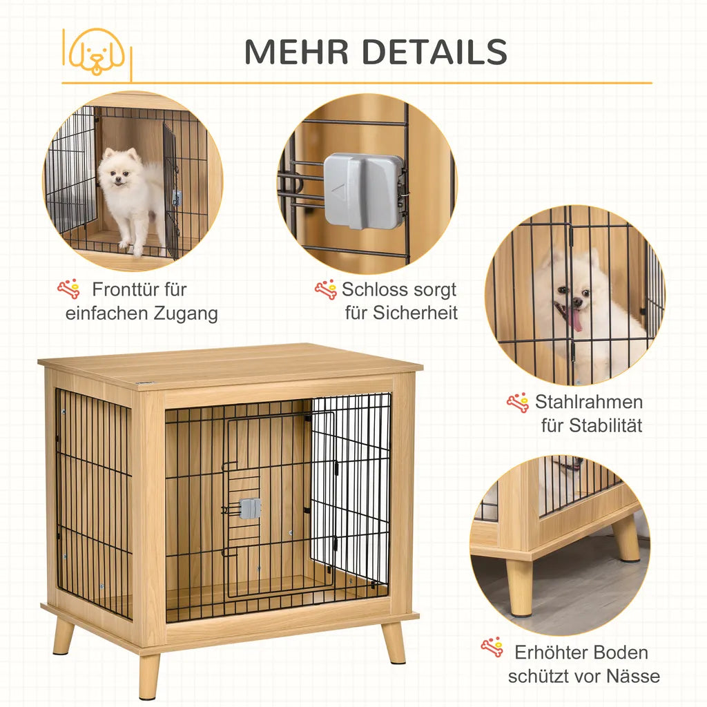  PawHut Hundekäfig Aus Holz Transportbox Mit Tischoberfläche Erhöhtes Design Hundebox Transportkäfig Innen Zuhause Tierkäfig Haustier Natur 81 X 58,5 X 76 Cm