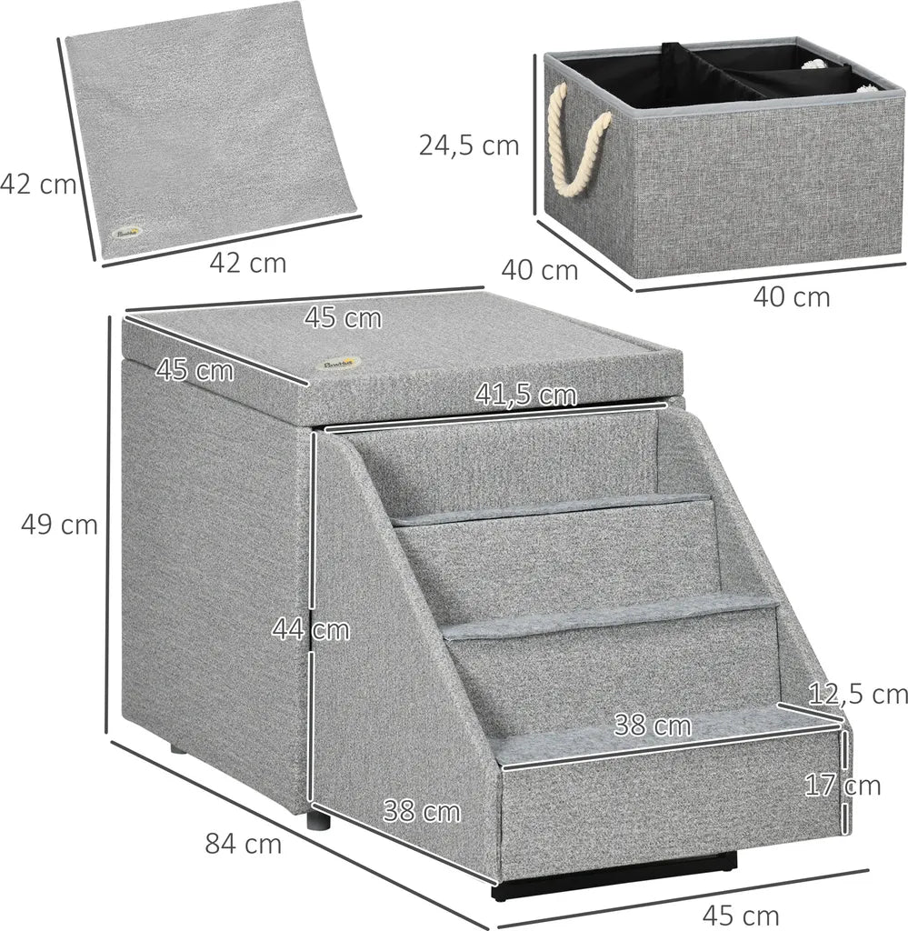  PawHut Hundetreppe 2 In 1, 4 Stufige Katzentreppe, Haustiertreppe Mit Stauraum, Hocker, Tiertreppe, Haustierrampe, Für Sofa, Bett, Polyester, Hellgrau, 84 X 45 X 49 Cm