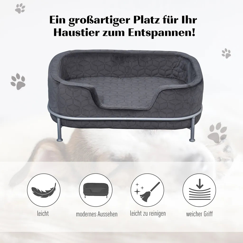  PawHut Hundesofa Mit Rückenlehne Haustiersofa Mit Metallbeinen Hundebett Weichem Bezug Katzensofa Metall Grau+Silber 63,5 X 43 X 24,5 Cm
