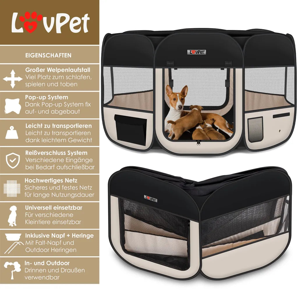  LOVPET® Welpenlaufstall Tierlaufstall Faltbar Für Kleintiere Hunde, Katzen Inkl. Hundenapf Hundelaufstall Freigehege Oxfordgewebe Pop-up System Indoor & Outdoor, Farbe:Schwarz / Beige