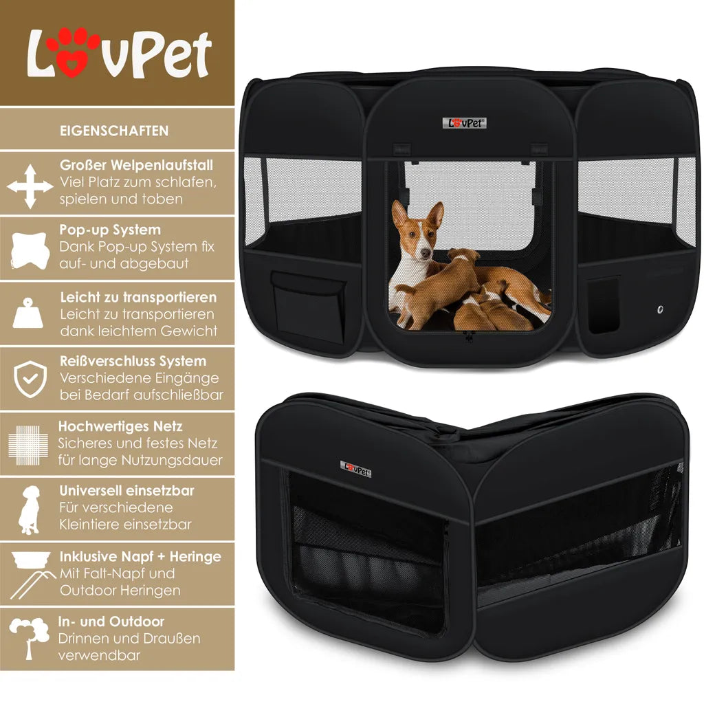  LOVPET® Welpenlaufstall Tierlaufstall Faltbar Für Kleintiere Hunde, Katzen Inkl. Hundenapf Hundelaufstall Freigehege Oxfordgewebe Pop-up System Indoor & Outdoor, Farbe:Schwarz
