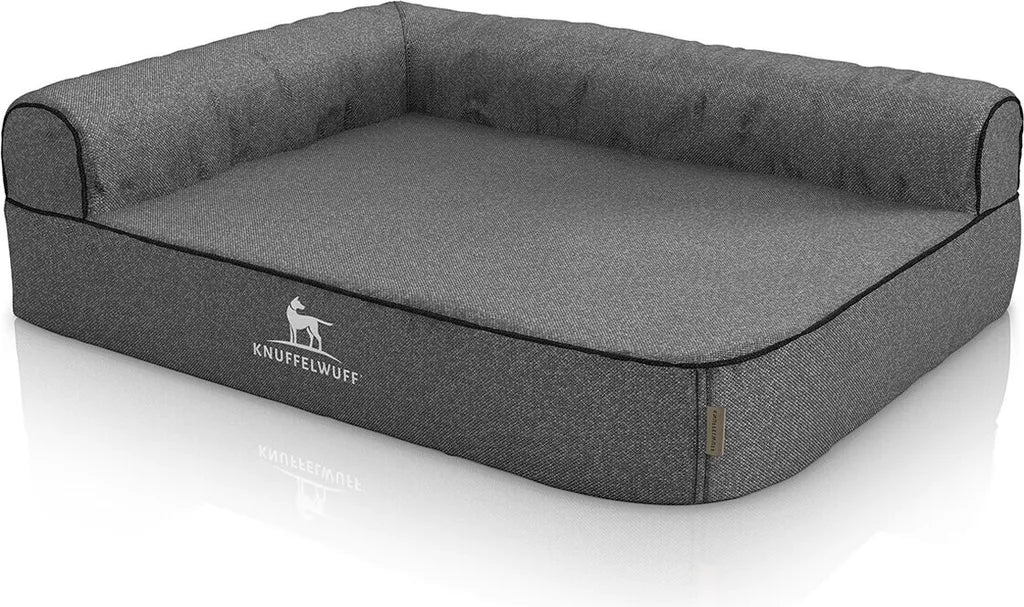  Knuffelwuff Orthopädisches Eck Hundebett Marlie Aus Velours Mit Handwebcharakter XXL 120 X 80cm Lehne Rechts Grau
