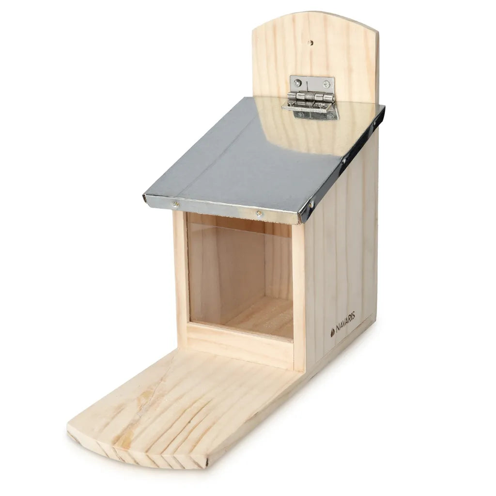  Navaris Eichhörnchen Futterhaus Wetterfest Aus Holz Und Metall - Futterkasten Futterautomat Für Garten Balkon - Futterstation Mit Prellschutz
