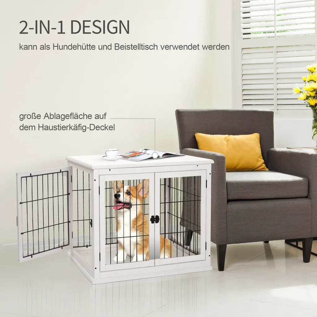  PawHut Hundehütte Hundehaus Transportbox Mit Tischoberfläche Kleintierkäfig Für Innen Hundebox Tierkäfig Haustier MDF Metall Weiß 81 X 58,5 X 66 Cm