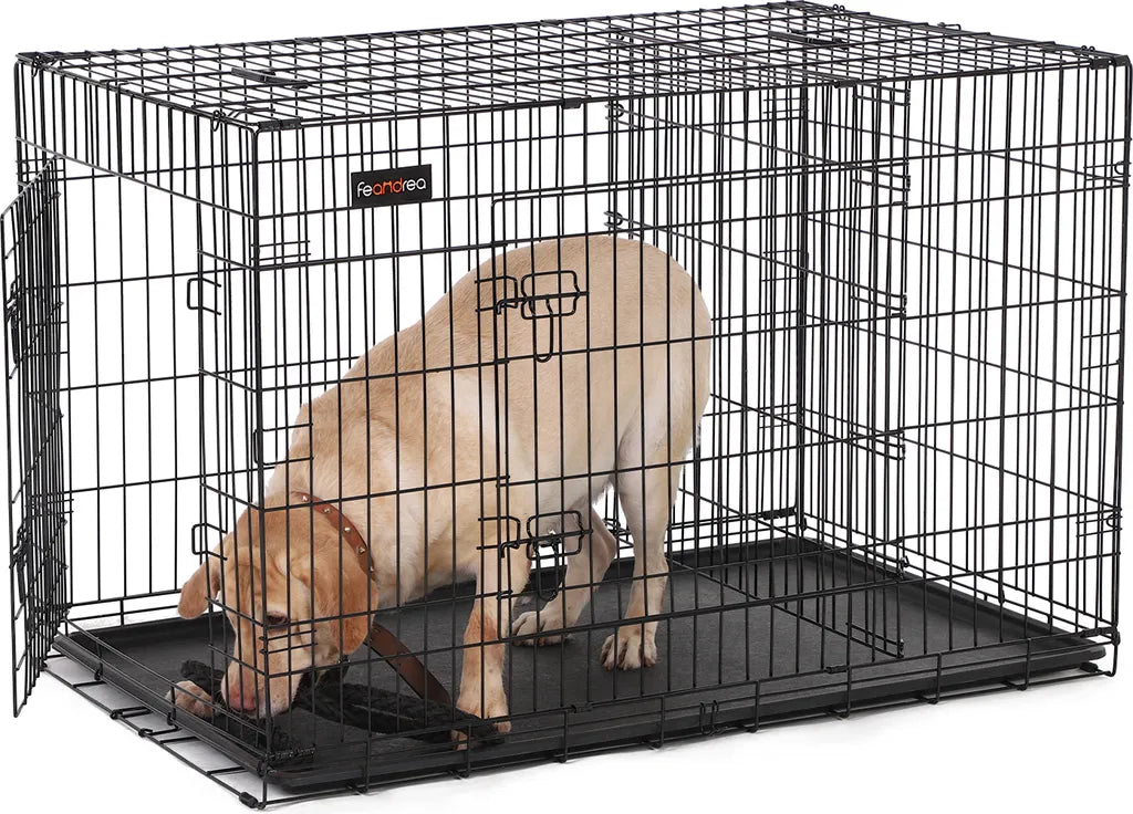  FEANDREA Hundebox Mit 2 Türen 122 X 74,5 X 80,5 Cm Hundekäfig Zusammenklappbar Schwarz PPD48BK