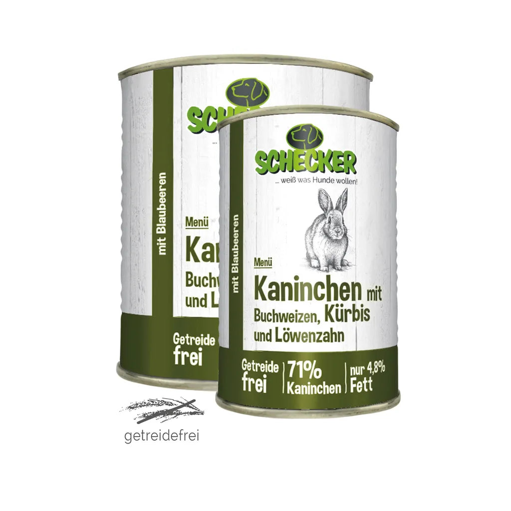  6x820g - Schecker Nassfutter Hundemenü Kaninchen Mit Buchweizen, Kürbis Und Löwenzahn