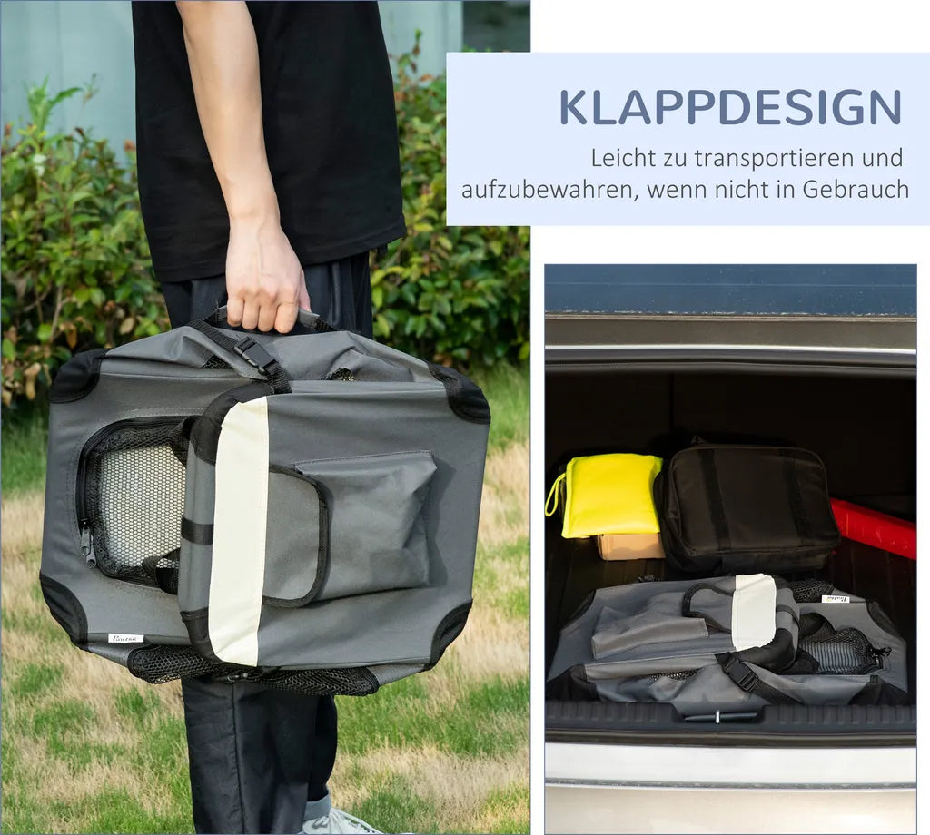  PawHut Hundetasche Transporttasche Faltbare Hundebox Mit Kissen Hundetragetasche Für Kleine Hunde Reisetasche Haustierrucksack Outdoor Oxfordstoff Grau+Schwarz 50,5 X 33,5 X 35 Cm