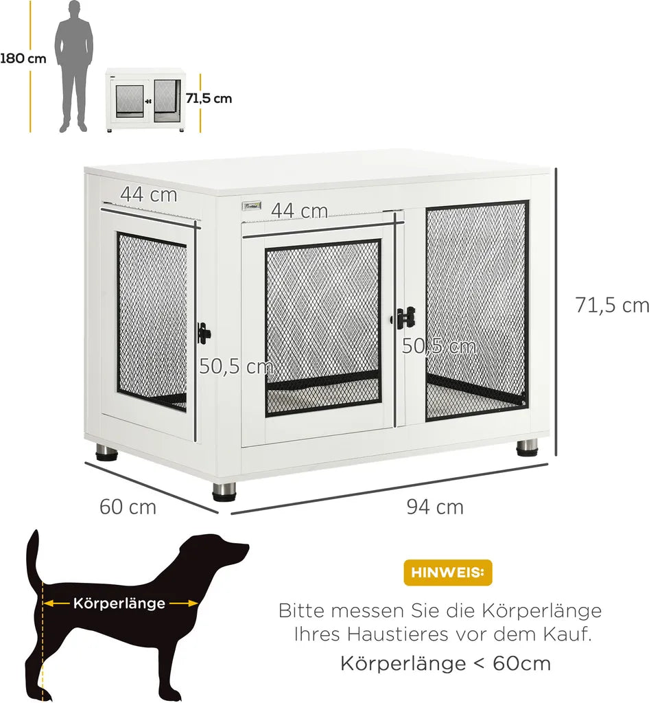  PawHut Hundekäfig, Haustierkäfig Mit Tischplatte, Hundehaus, Hundehütte Mit Kissen, Hundebox Indoor, Tierkäfig Mit 2 Türen Für Große Hunde, Beistelltisch, Weiß+Schwarz, 94 X 60 X 71,5 Cm