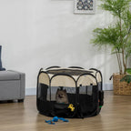  PawHut Welpenlaufstall Tierlaufstall Faltbarer Welpenauslauf Freigehege Laufstall Aus Oxfordstoff Für Kleine Hunde Und Katzen Wasserdicht Tragbar Cremeweiß+Schwarz 92 X 92 X 58 Cm