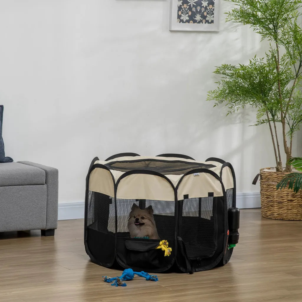  PawHut Welpenlaufstall Tierlaufstall Faltbarer Welpenauslauf Freigehege Laufstall Aus Oxfordstoff Für Kleine Hunde Und Katzen Wasserdicht Tragbar Cremeweiß+Schwarz 92 X 92 X 58 Cm