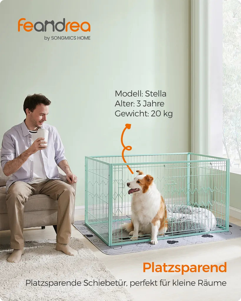  Feandrea Welpenauslauf, Welpenlaufstall 4-teilig, Schiebetür Mit 2 Riegeln, 122 X 80 X 70 Cm, Freilaufgehege Innen, Mintgrün PPK003C01