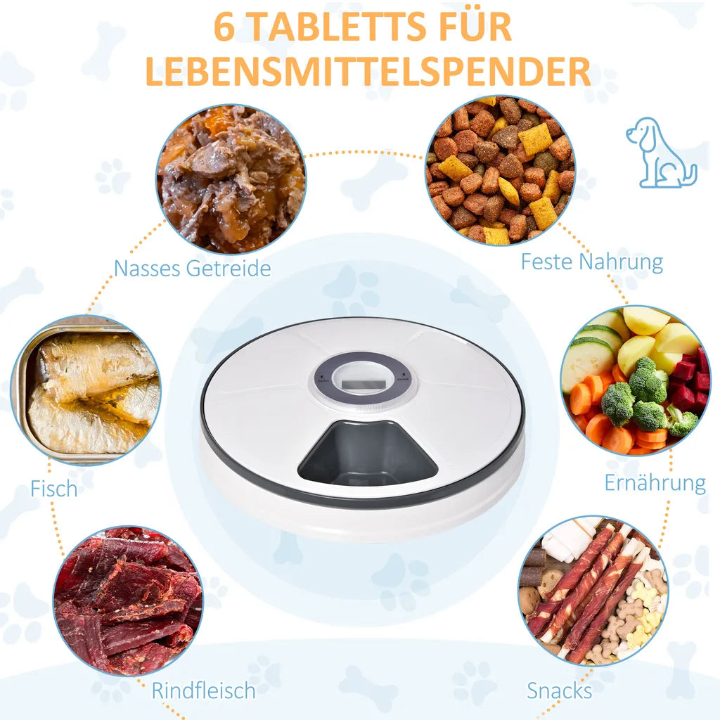  PawHut Futterautomat Mit 6 Fächern Für Katzen Hunde Haustiere Automatisch 4 Mahlzeiten Programmierbarer Futterspender Mit LED-Display Timer Weiß+Grau Ø30,5 X 7,2H Cm