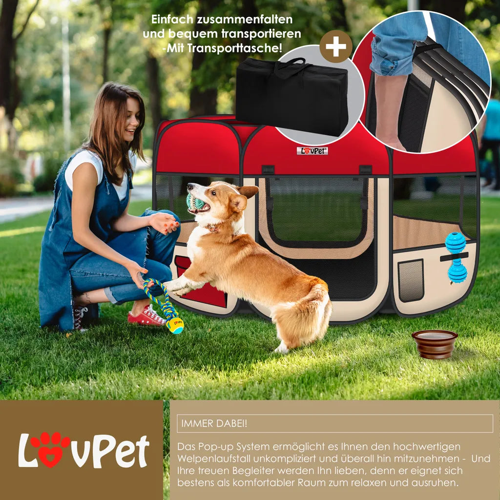  LOVPET® Welpenlaufstall Tierlaufstall Faltbar Für Kleintiere Hunde, Katzen Inkl. Hundenapf Hundelaufstall Freigehege Oxfordgewebe Pop-up System Indoor & Outdoor, Farbe:Rot / Beige
