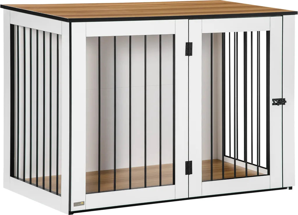  Pawhut Hundekäfig Schrank Haustierkäfig Tierkäfig Für Große Hunde Hundehütte Mit Tischoberfläche Hundebox Innen Spanplatte Dunkelwalnuss+Weiß 106 X 60 X 76 Cm