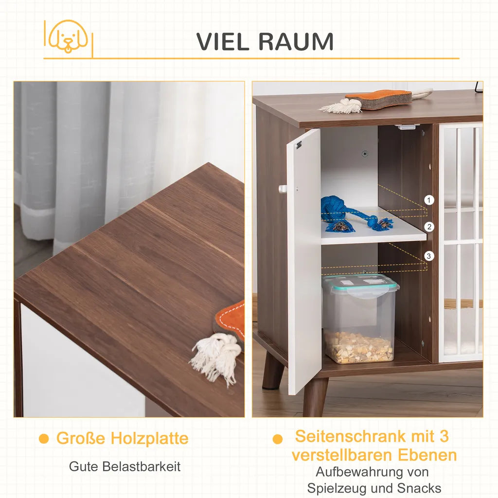  PawHut Hundekäfig Aus Holz Mit Schrank Kissen Tischoberfläche Erhöhtes Design Hundebox Für Mittelgroße Kleine Hunde Innen Zuhause Tierkäfig Haustier Stahl Braun 98 X 48 X 70,5 Cm