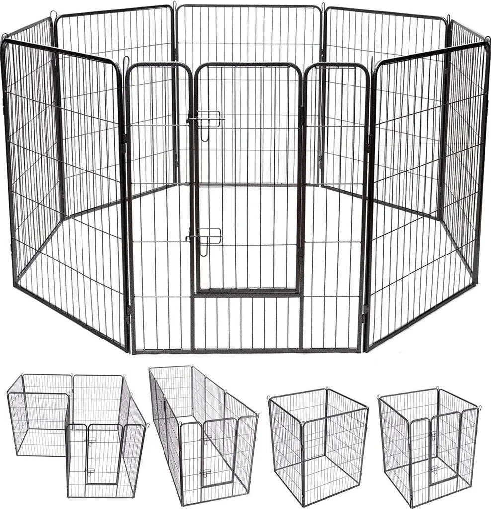 COSTWAY 8-teiliger Welpenlaufstall Welpenzaun Welpenkaefig Tier Laufgitter Hundegehege Absperrgitter Mit Abschliessbarer Tuer, Fuer Hund, Katze Und Kaninchen, Schwarz