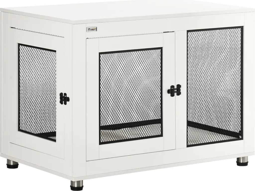  PawHut Hundekäfig, Haustierkäfig Mit Tischplatte, Hundehaus, Hundehütte Mit Kissen, Hundebox Indoor, Tierkäfig Mit 2 Türen Für Große Hunde, Beistelltisch, Weiß+Schwarz, 94 X 60 X 71,5 Cm