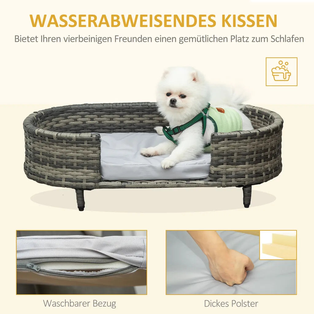  PawHut Hundesofa Rattan Haustiersofa Mit Kissen Hundebett Hundekorb Katzensofa Hundekörbchen Für Kleine Und Mittelgroße Hunde Erhöhtes Design Braun+Grau 74 X 42 X 21 Cm