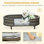  PawHut Hundesofa Rattan Haustiersofa Mit Kissen Hundebett Hundekorb Katzensofa Hundekörbchen Für Kleine Und Mittelgroße Hunde Erhöhtes Design Braun+Grau 74 X 42 X 21 Cm