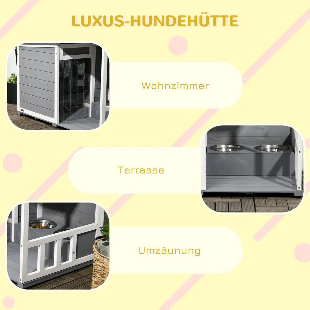  PawHut Hundehütte, Tannenholz, Hundehaus Mit 2 Schüsseln Und Terrasse, Kleintierhaus Für Kleine Hunde Mit Asphaltdach, Erhöhtes Design, Outdoor, Wetterbeständig, Grau, 103 X 62 X 60-66 Cm