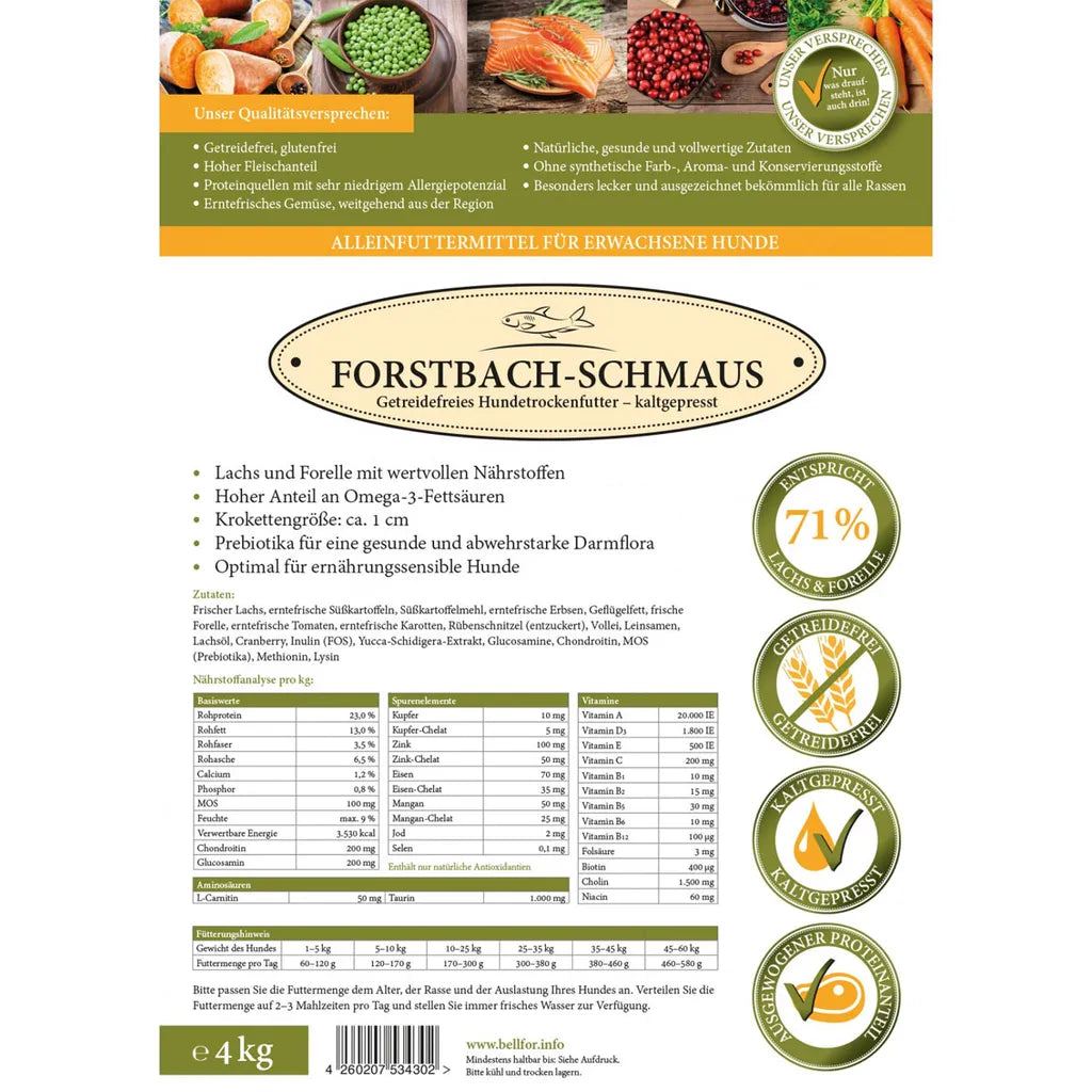  Bellfor Forstbach-Schmaus - Lachs & Forelle - Getreidefrei Kaltgepresst - 4 Kg | 28418