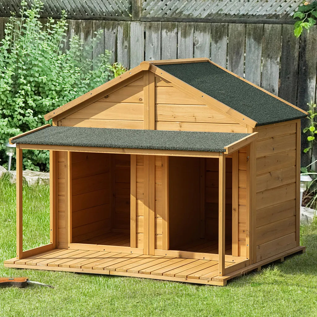  Pawhut Hundehütte Aus Massivholz Isoliertes Hundehaus Mit 2 Räume Asphaltdach Outdoor Hütte Mit Terrasse Gelb+Grün 127 X 110 X 109 Cm