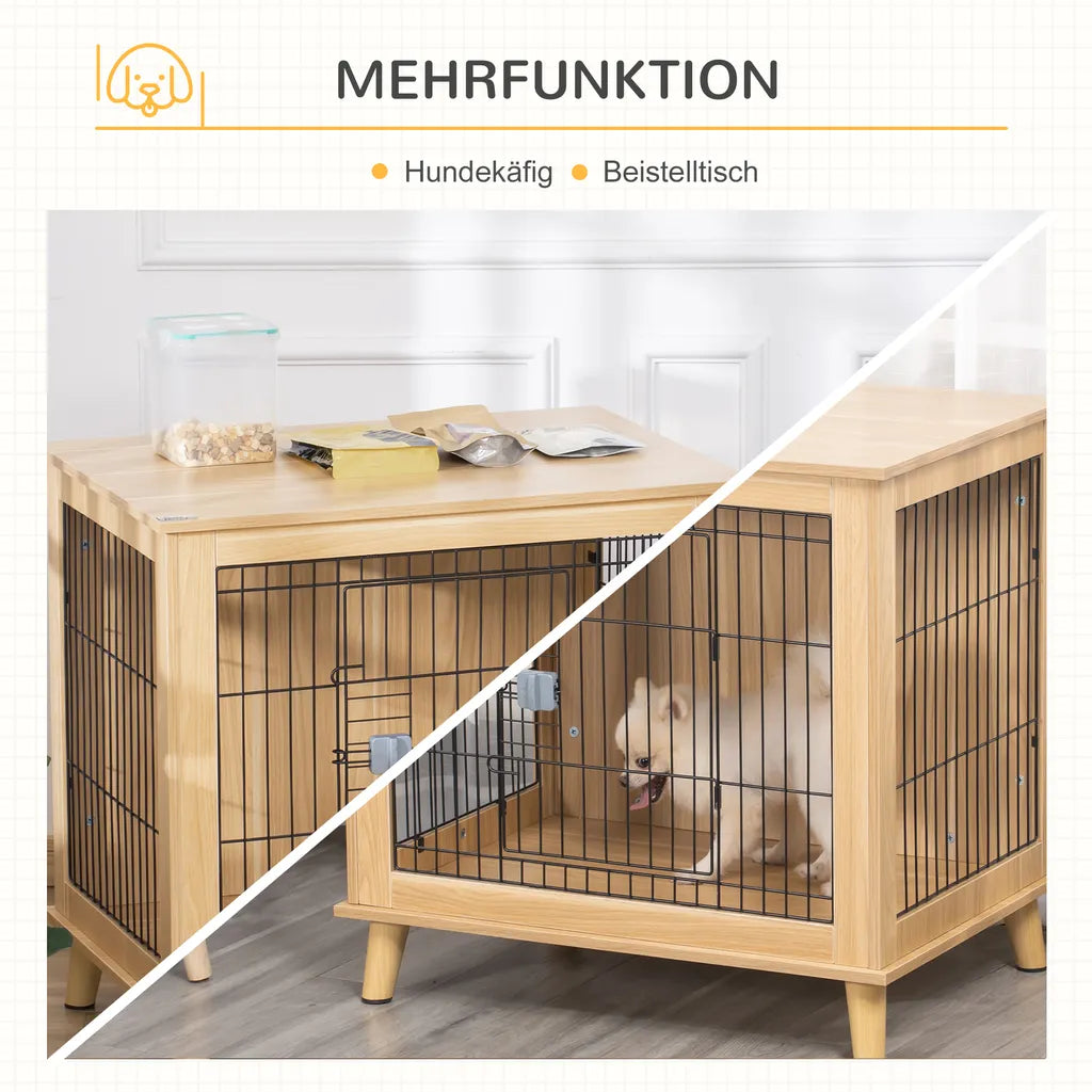  PawHut Hundekäfig Aus Holz Transportbox Mit Tischoberfläche Erhöhtes Design Hundebox Transportkäfig Innen Zuhause Tierkäfig Haustier Natur 81 X 58,5 X 76 Cm