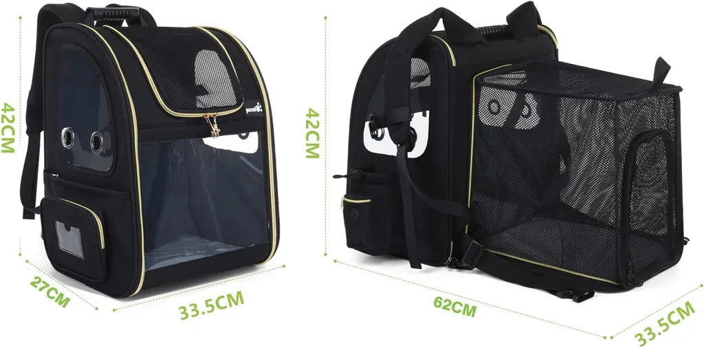  Pecute Hundetransportboxen Haustier Rucksack Hunderucksack Bis 5kg,mit Transparentes Fenster Schwarz,Erweiterbar Faltbar, Für Hunde Katzen Haustiere(34 * 27 * 42cm)