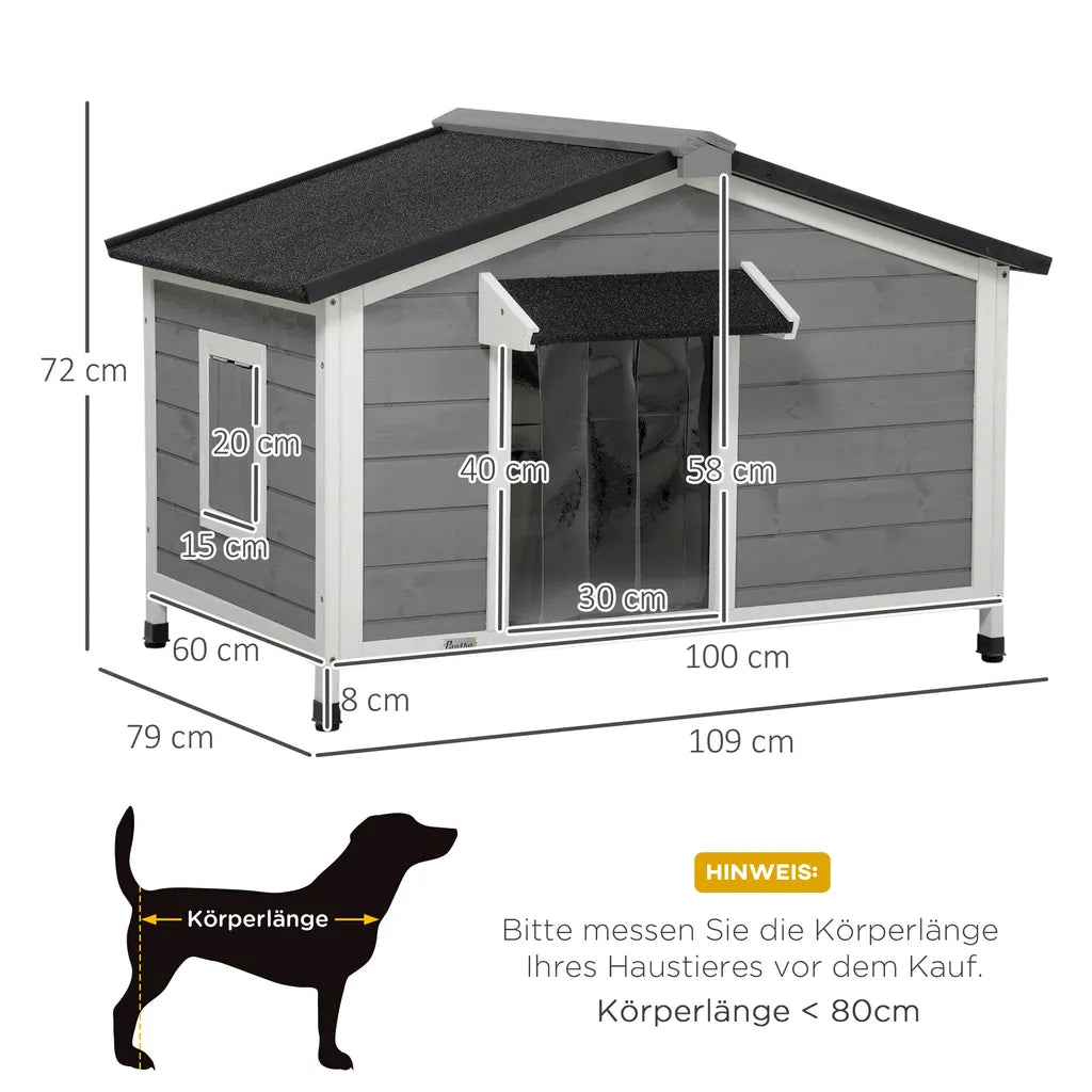  PawHut Hundehütte, Tannenholz, Hundehaus Mit Zu öffnendem Asphaltdach Und Abnehmbarem Boden, Kleintierhaus Für Kleine Und Mittelgroße Hunde, Outdoor, Wetterbeständig, Grau, 109 X 79 X 72 Cm