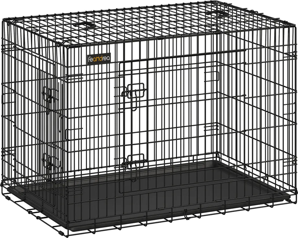  Feandrea Hundekäfig, XXL, 122 X 74,5 X 80,5 Cm, Klappbar, Mit 2 Türen, Ausziehbare Kunststoffschale, Schwarz PPD48H