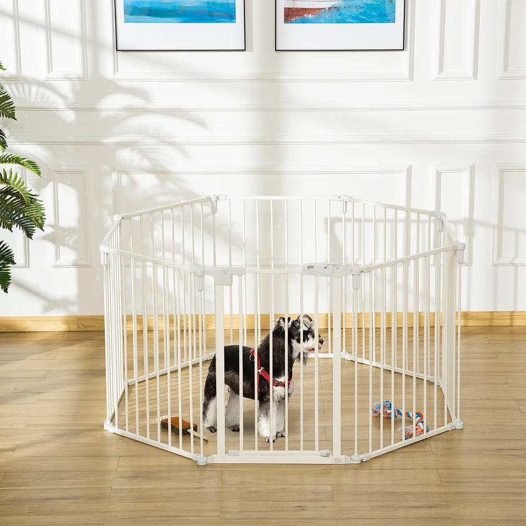  PawHut Welpenauslauf Freigehege Für Hund Schutzgitter Mit Tür Kaminschutzgitter Flexible Klappbar 8 Paneele Je 60 X 76 Cm Weiß