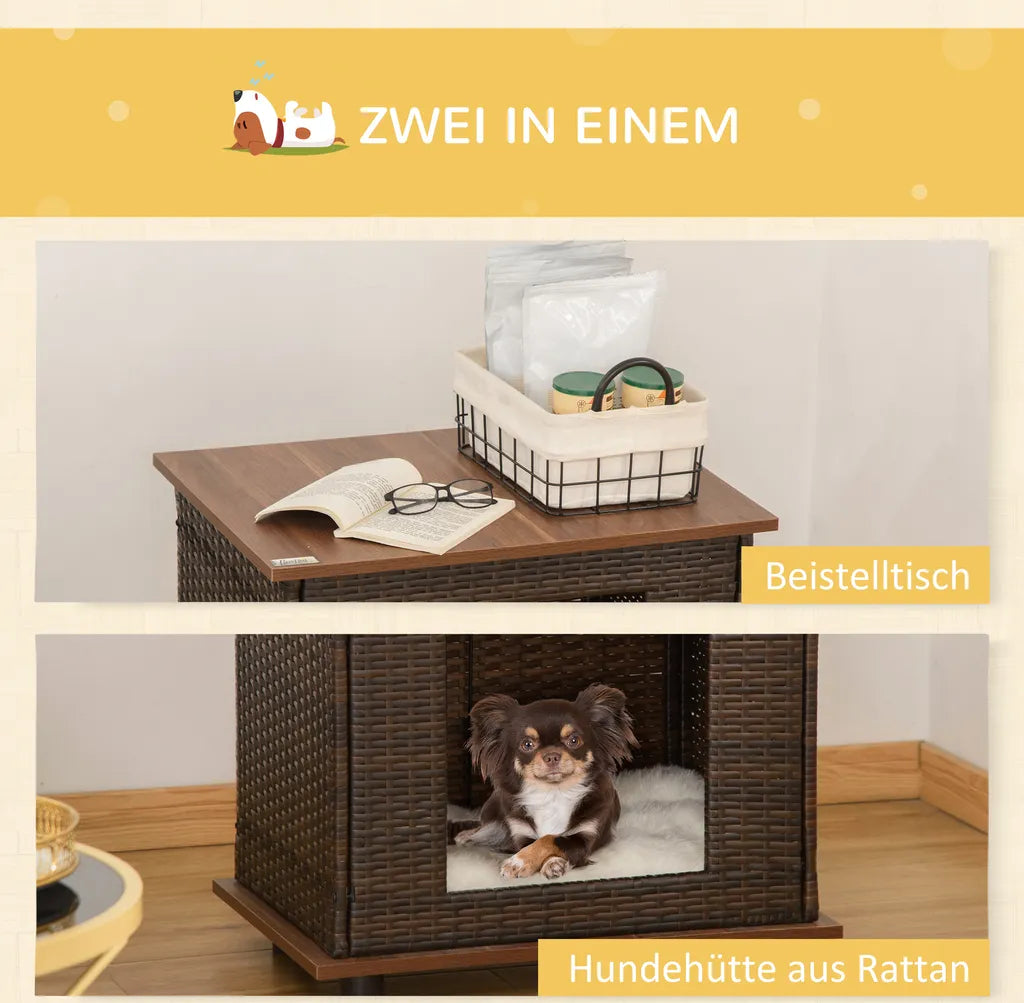  PawHut Rattan Hundehütte Hundehaus Mit Kissen Hundehöhle Hundematratze Haustierbett Für Drinnen Und Draußen Spanplatte Braun 60 X 44 X 51,5 Cm