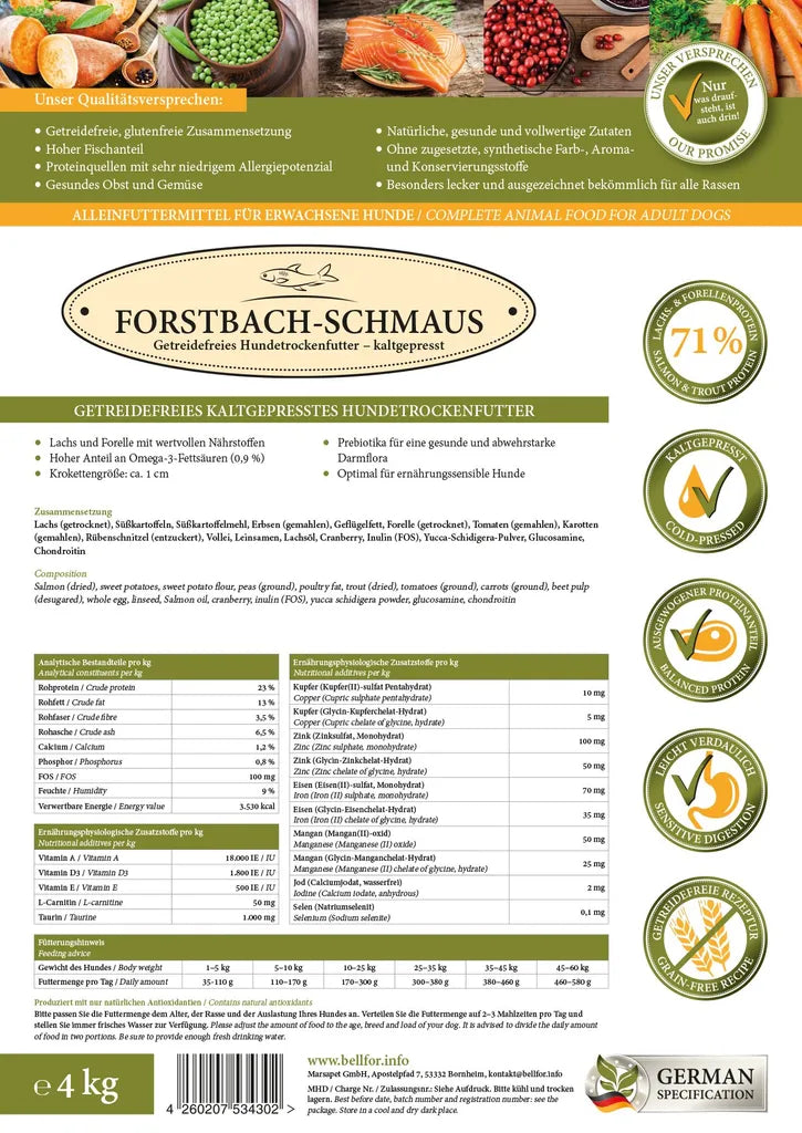  Bellfor Forstbach-Schmaus - Lachs & Forelle - Getreidefrei Kaltgepresst - 4 Kg | 28418