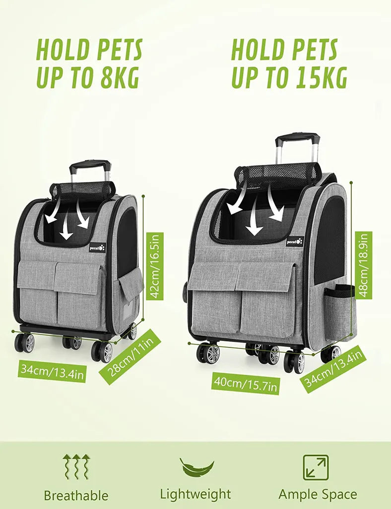  Pecute Pet Stroller 2 In 1 Hunde-Transportboxen,Hunderucksack Mit Trolley Abnehmbarer Faltbarer Hundetrolley Mit Fensterbis 15 Kg,Grau