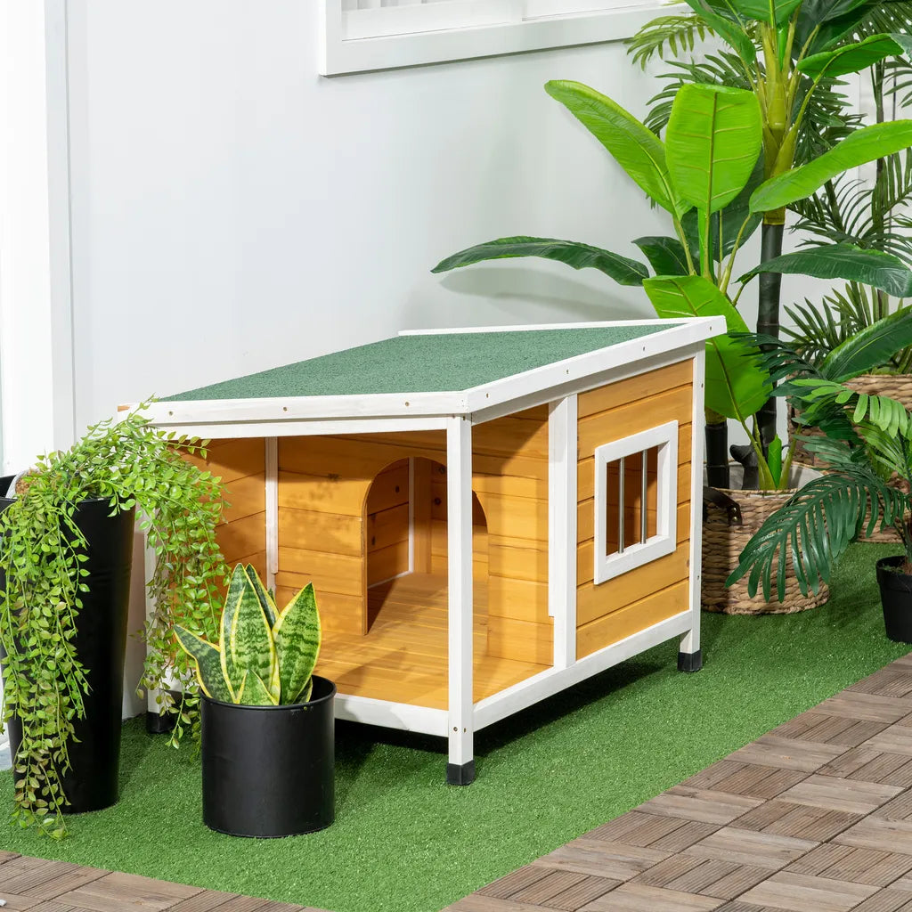  PawHut Hundehütte, Tannenholz, Hundehaus Mit Terrasse Und Aufklappbarem Asphaltdach, Hütte Für Kleine Hunde, Indoor, Outdoor, Wetterfest, Orange, 85,5 X 62 X 60 Cm