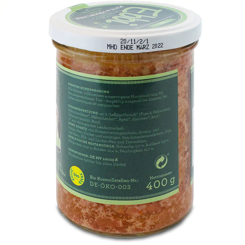  Hundefutter Pute & Hähnchen 400g Glas Mit Apfel, Karotte Und Reis Von Ebbi