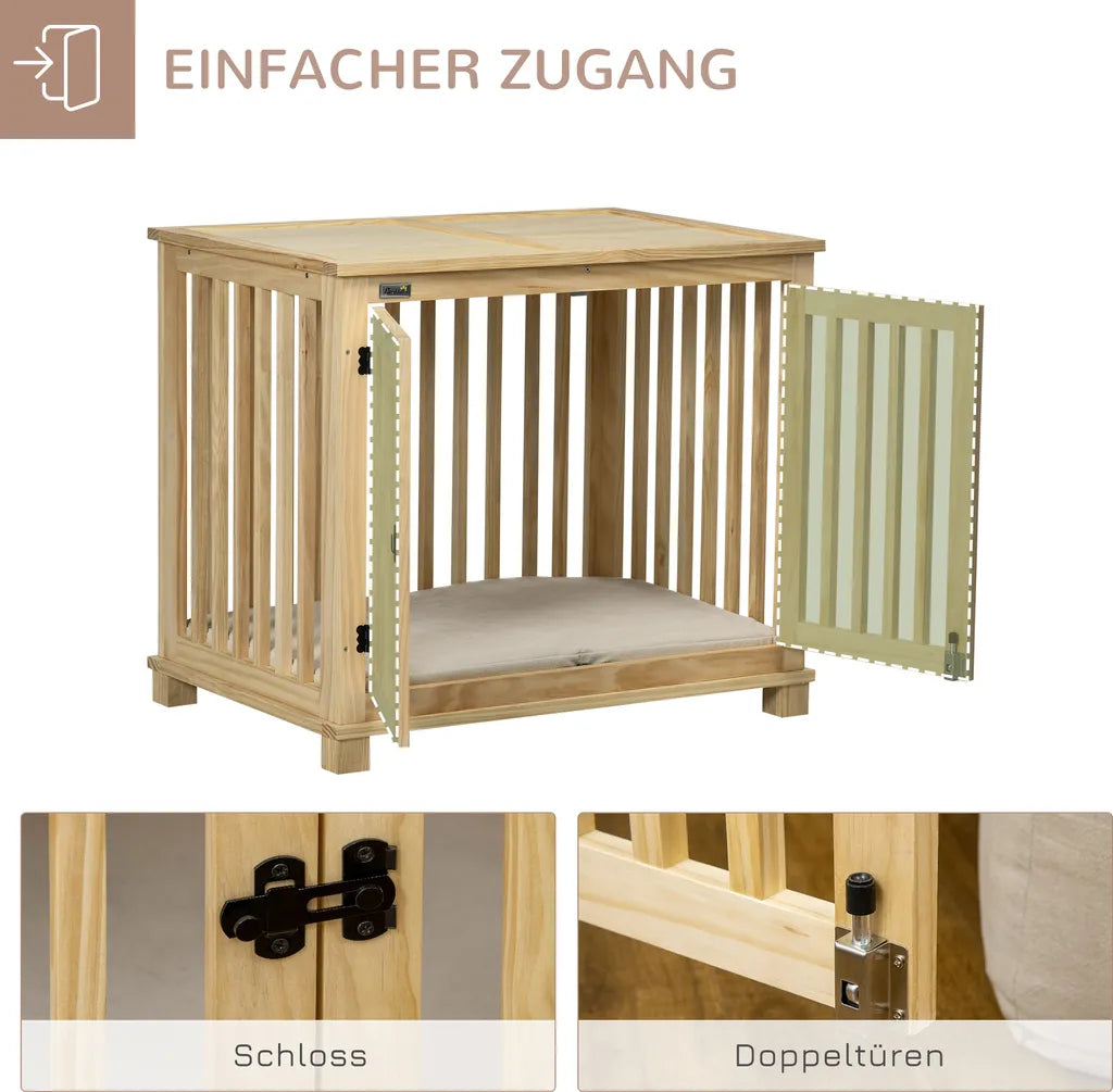  Pawhut Hundekäfig, Tierkäfig Aus Holz, Haustierkäfig Für Mittelgroße Hunde, Hundehütte Mit Kissen, Hundebox, Indoor, Naturholz+Cremeweiß, 82,5 X 57 X 72 Cm